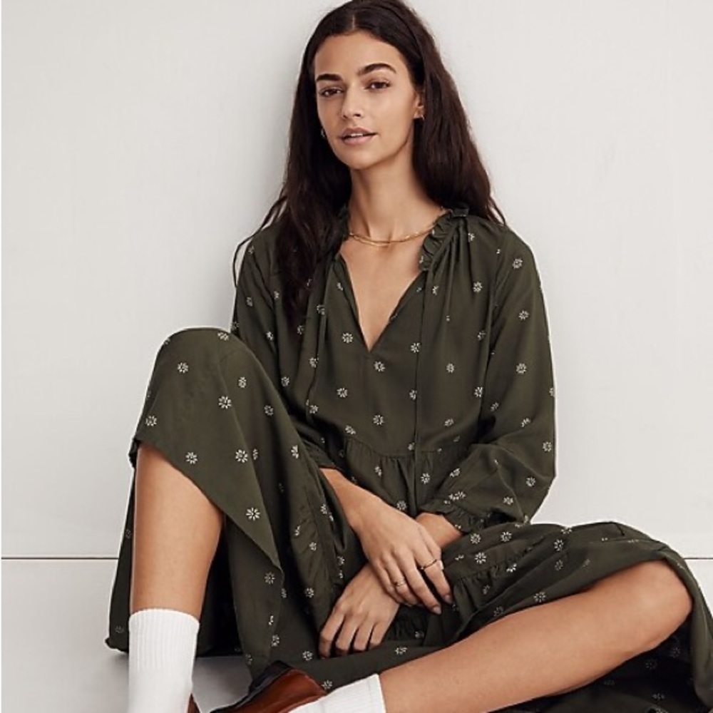 NWOT Madewell Tie Neck Tiered Midi Dress in Stardot Size XS